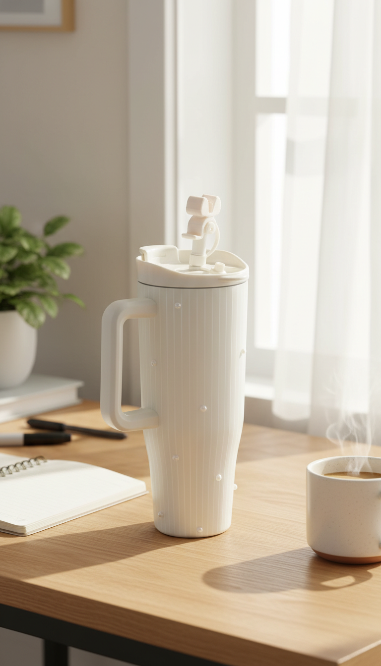 White Pearl Insulated Sipper with White Vertical Stripes – 1200ml