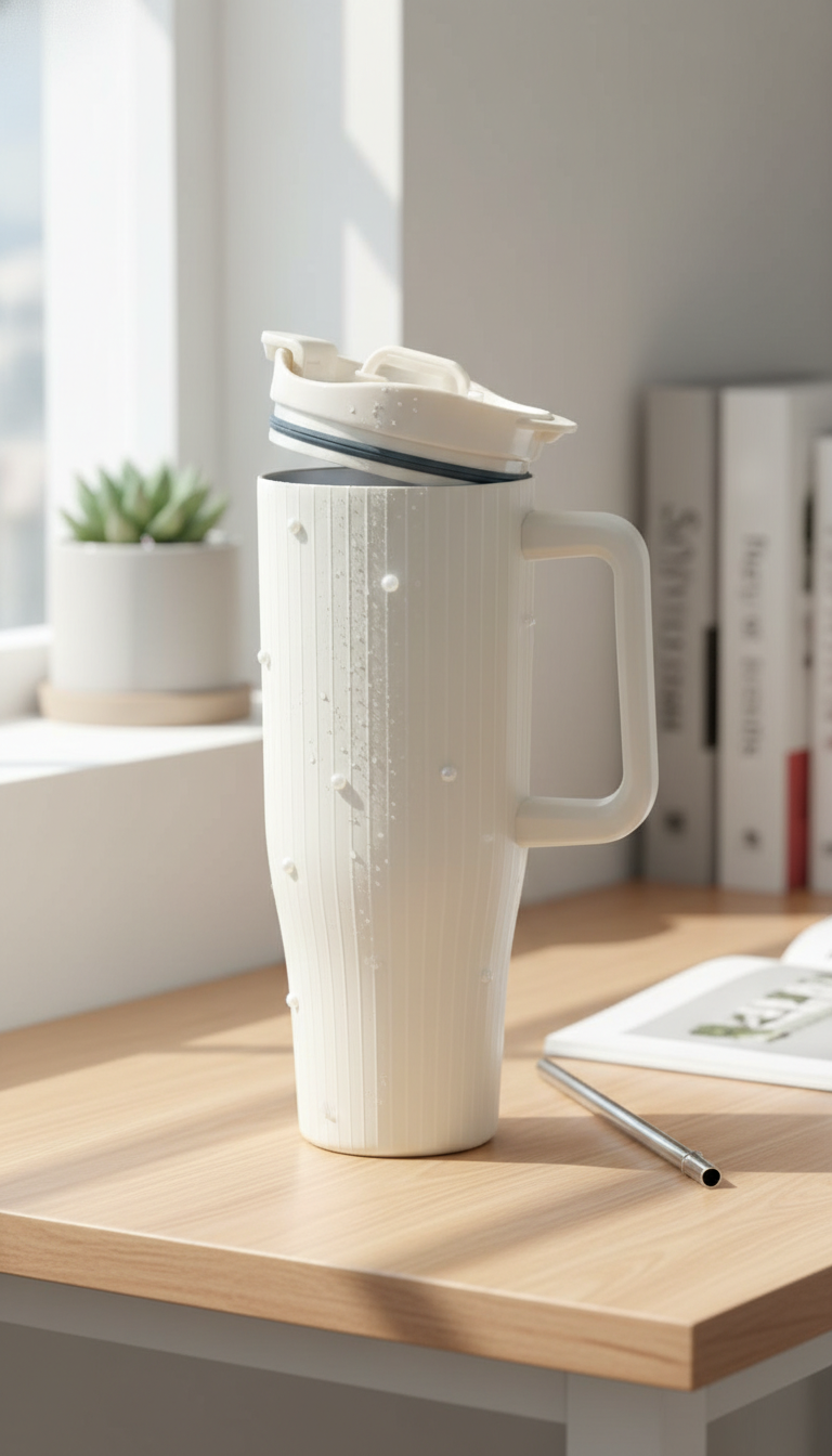 White Pearl Insulated Sipper with White Vertical Stripes – 1200ml