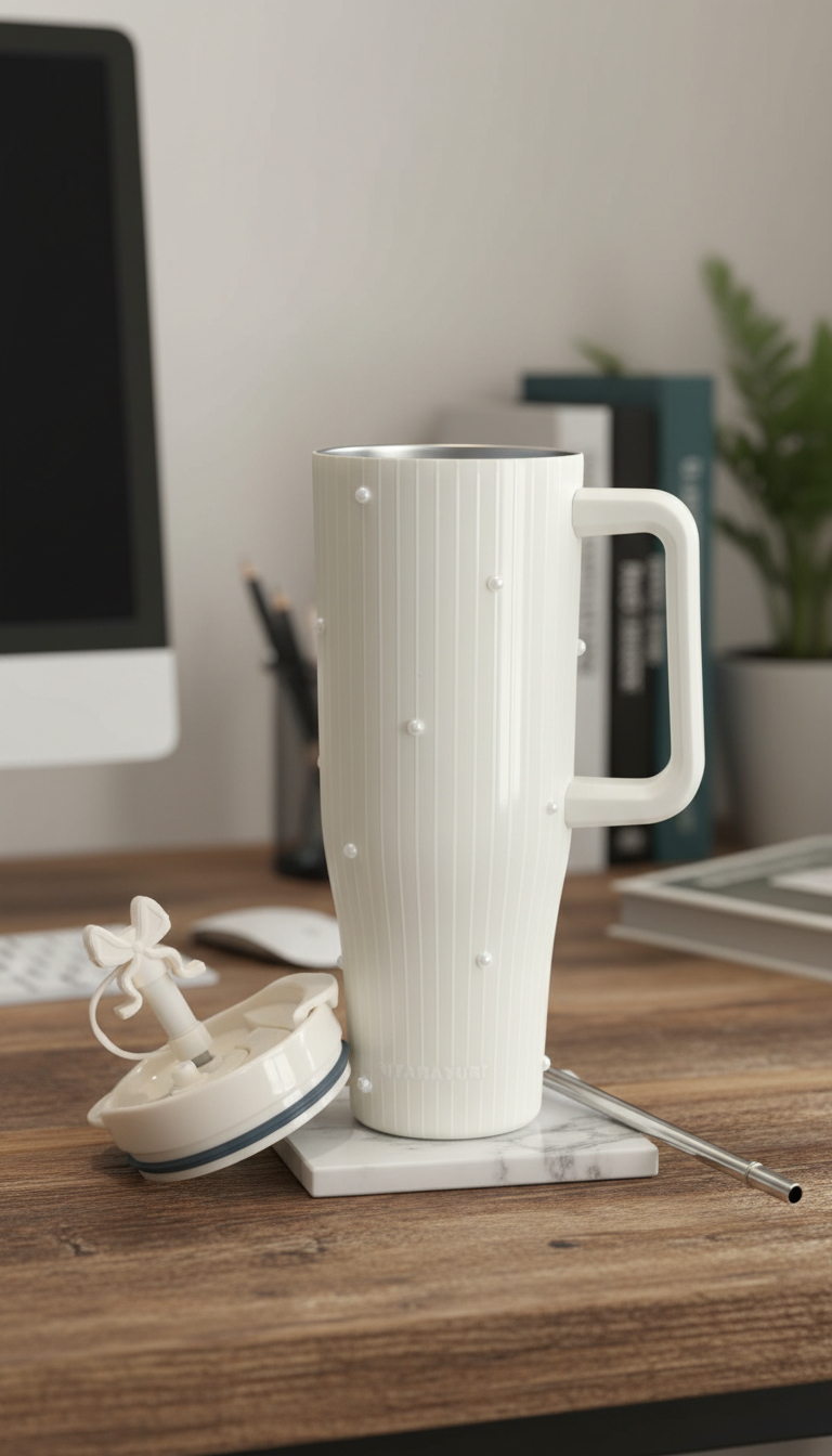 White Pearl Insulated Sipper with White Vertical Stripes – 1200ml