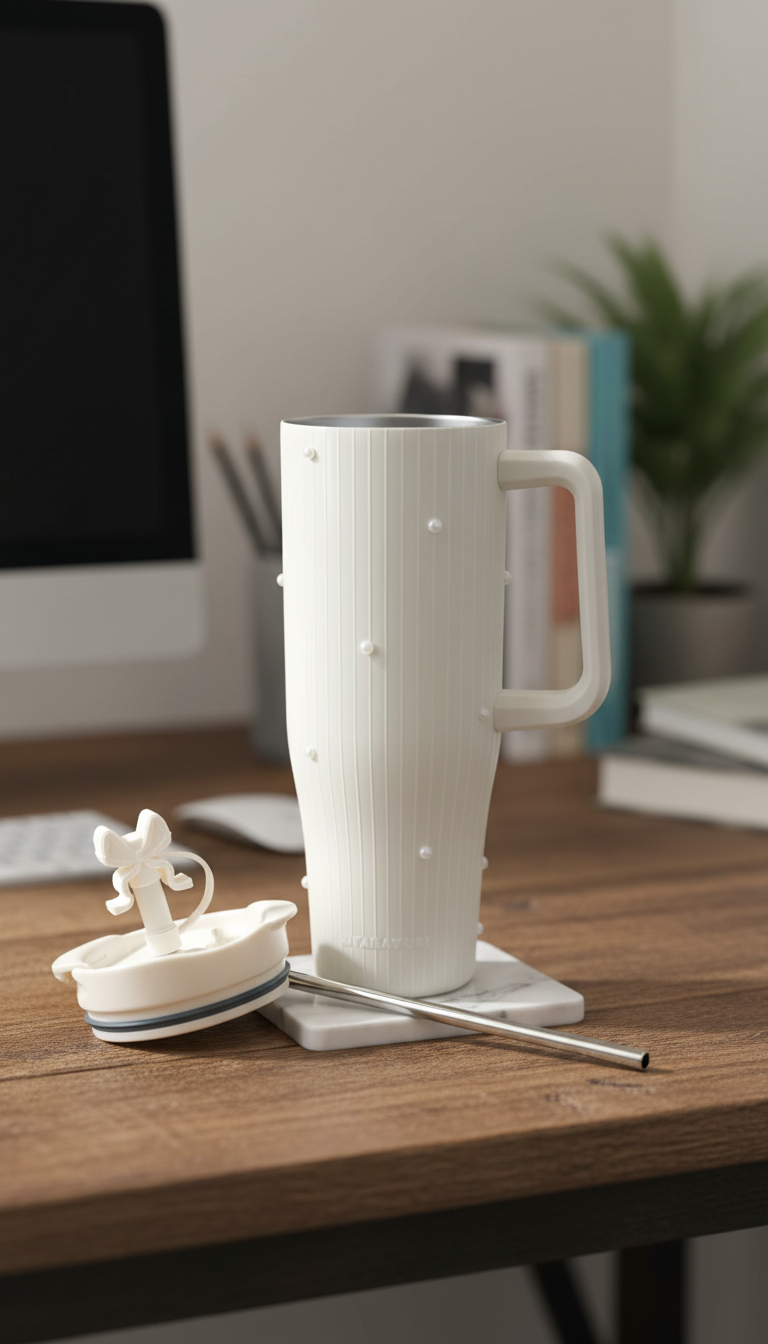 White Pearl Insulated Sipper with White Vertical Stripes – 1200ml