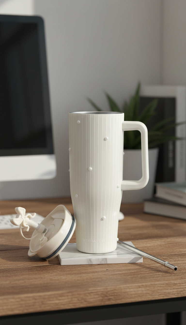 White Pearl Insulated Sipper with White Vertical Stripes – 1200ml