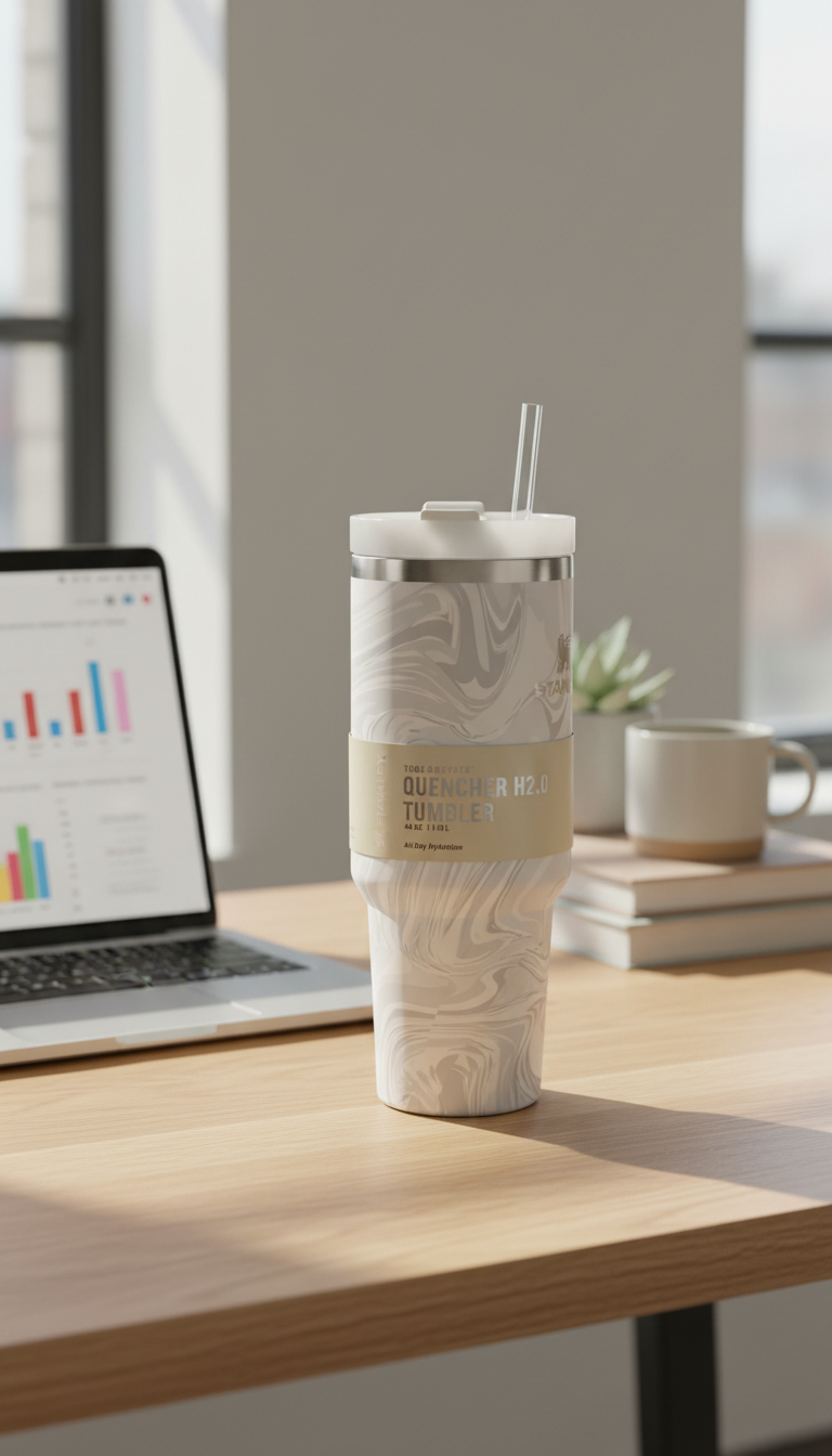 Marble Print Insulated Stanley Tumbler with Straw Lid – 1.18L