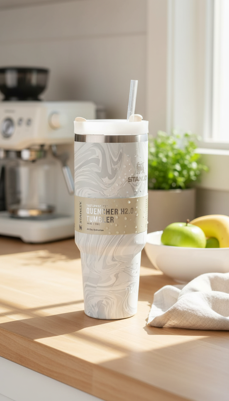 Marble Print Insulated Stanley Tumbler with Straw Lid – 1.18L