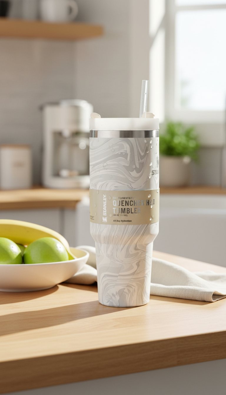 Marble Print Insulated Stanley Tumbler with Straw Lid – 1.18L