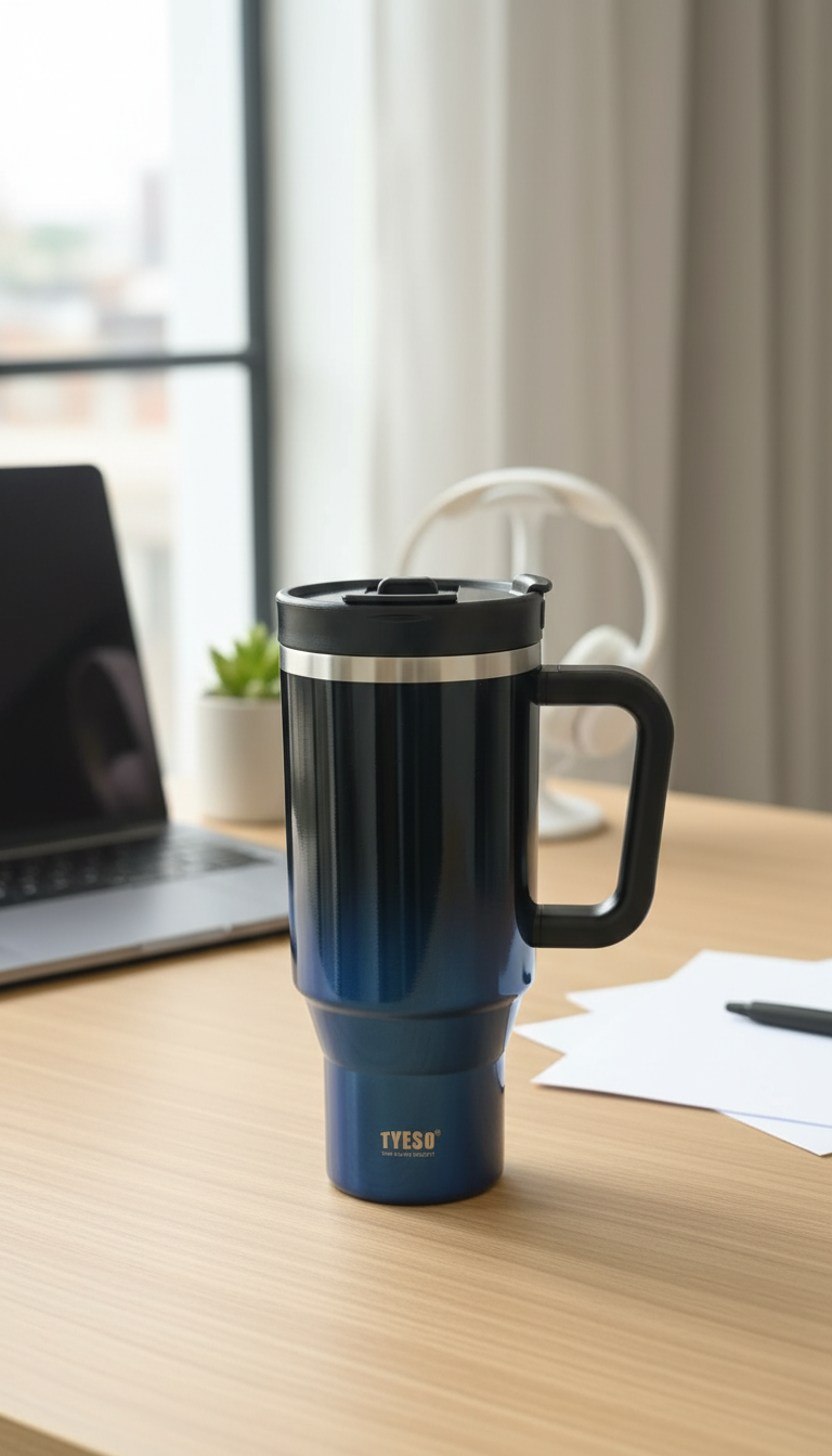 Tyeso Insulated Stainless Steel Tumbler with Handle & Lid – 1200ml