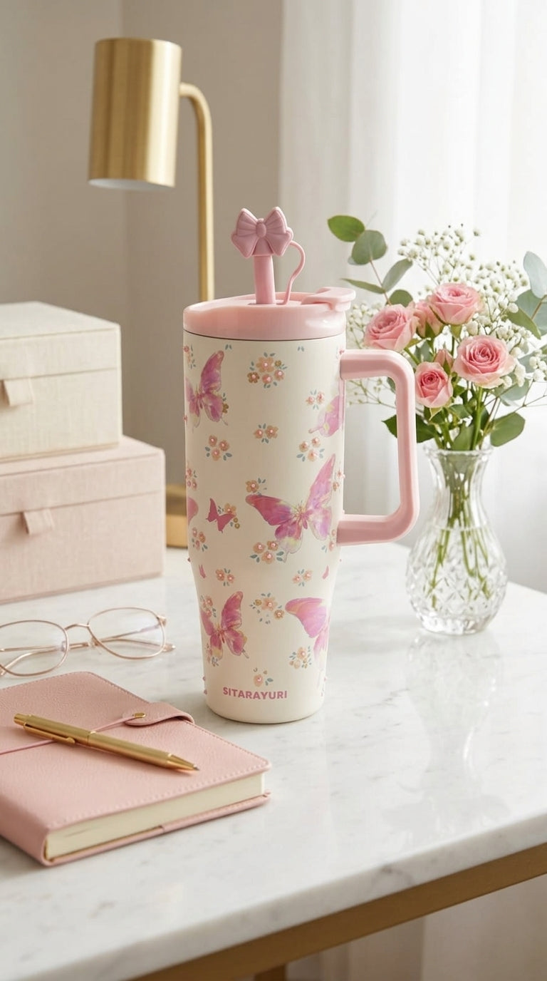 Floral Butterfly Print Insulated Tumbler with Straw & Handle | 1200ml