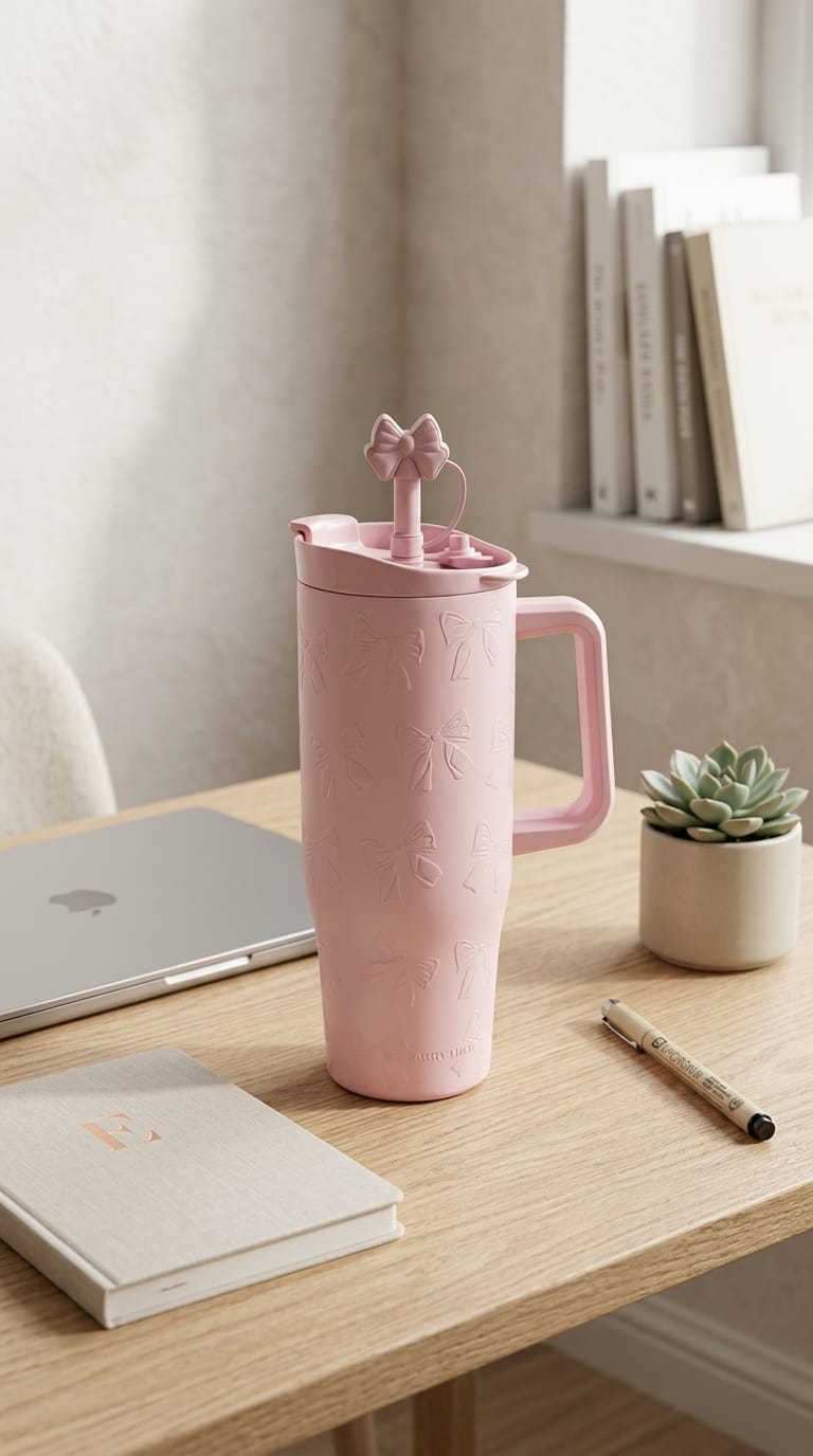 Bow Bliss Insulated Tumbler with Handle – Pink, Beige & Maroon | 1200ml