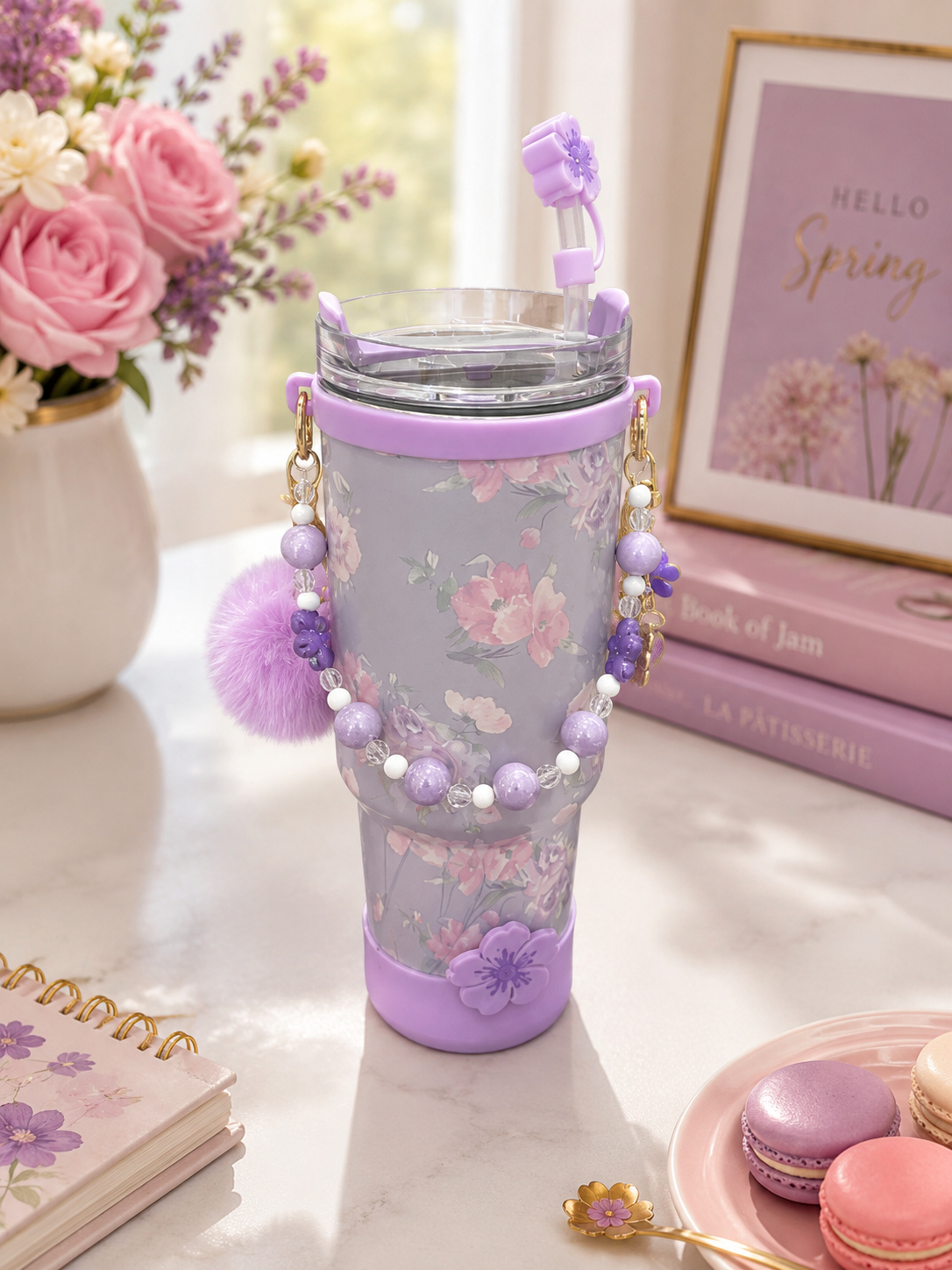 Floral Charm Insulated Tumbler with Straw & Pearl Handle | 1200ml