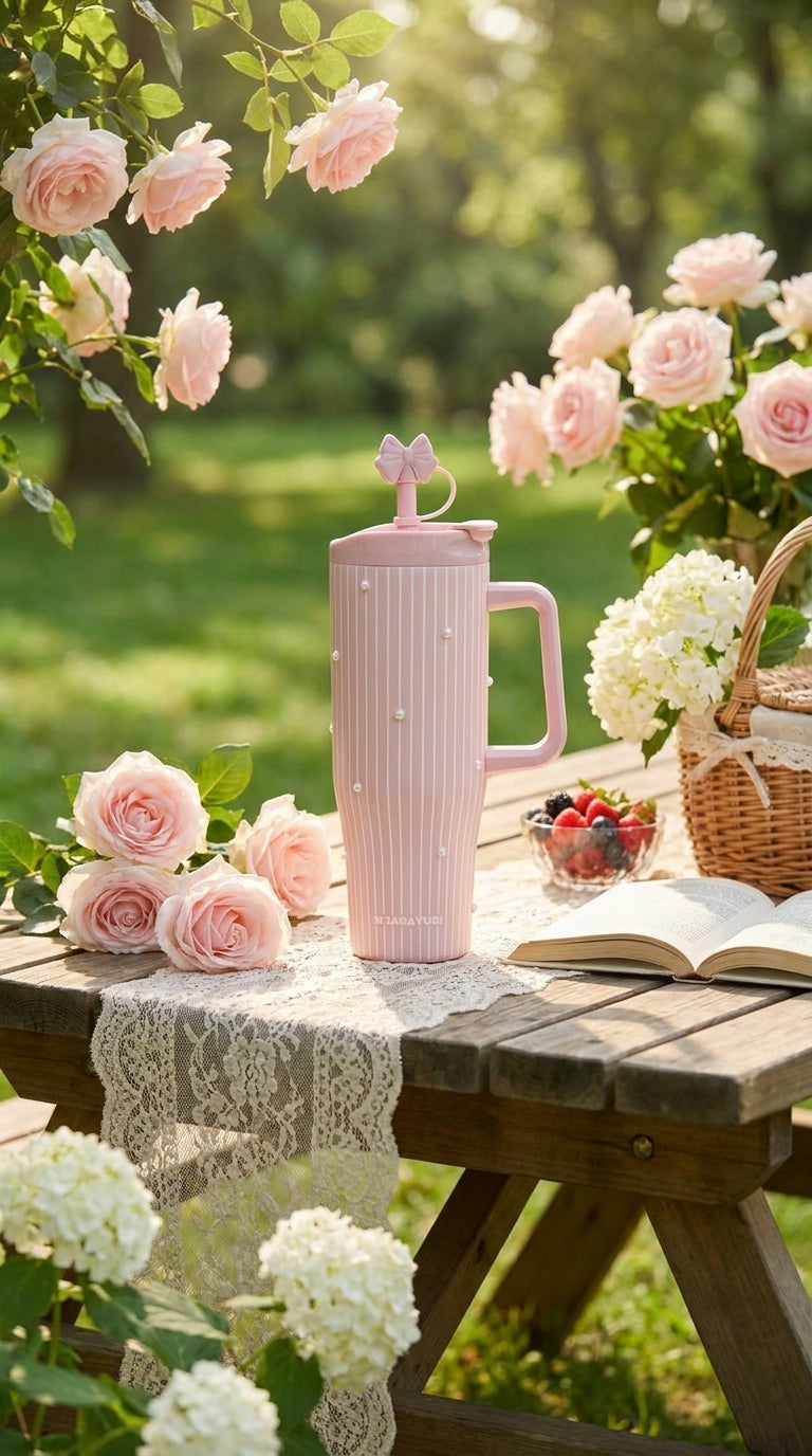 Bow Charm Insulated Tumbler with Handle – Pink, Off White & Green | 1200ml
