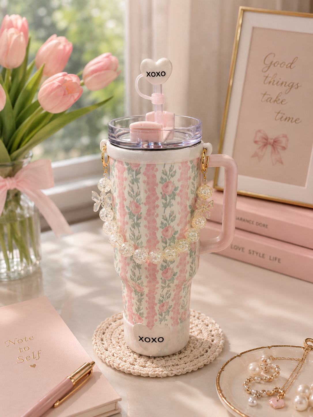Floral Charm Insulated Tumbler with Straw & Pearl Handle | 1200ml