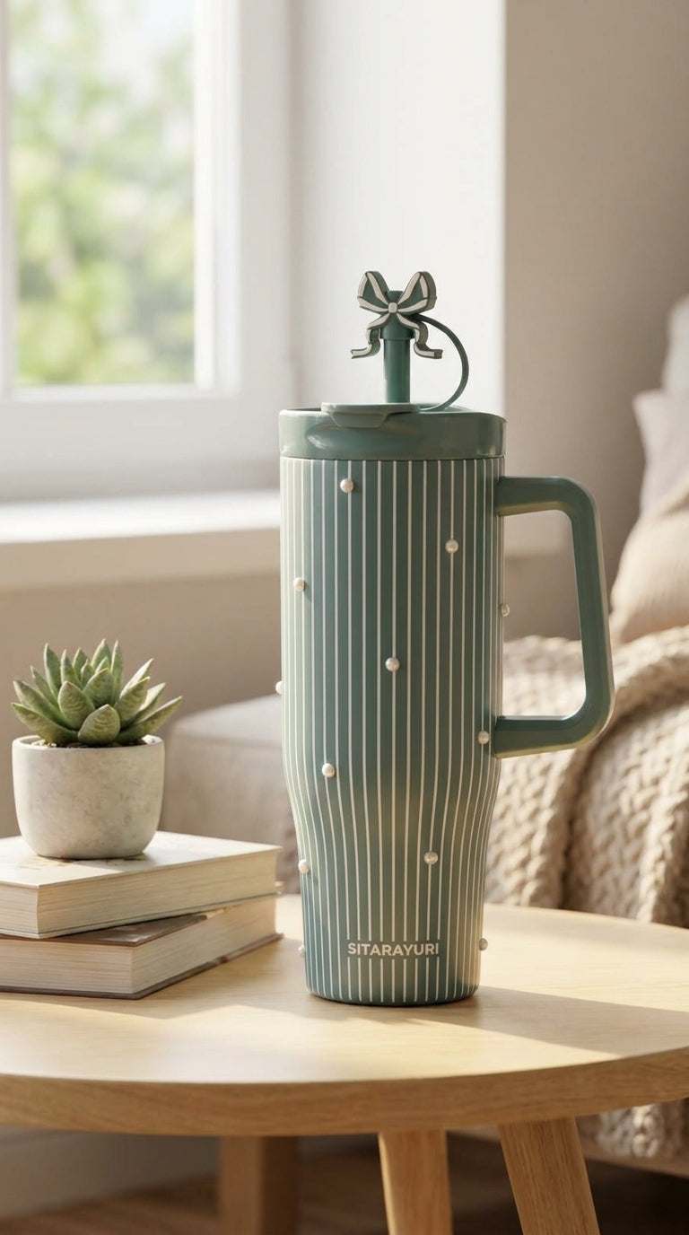 Bow Charm Insulated Tumbler with Handle – Pink, Off White & Green | 1200ml