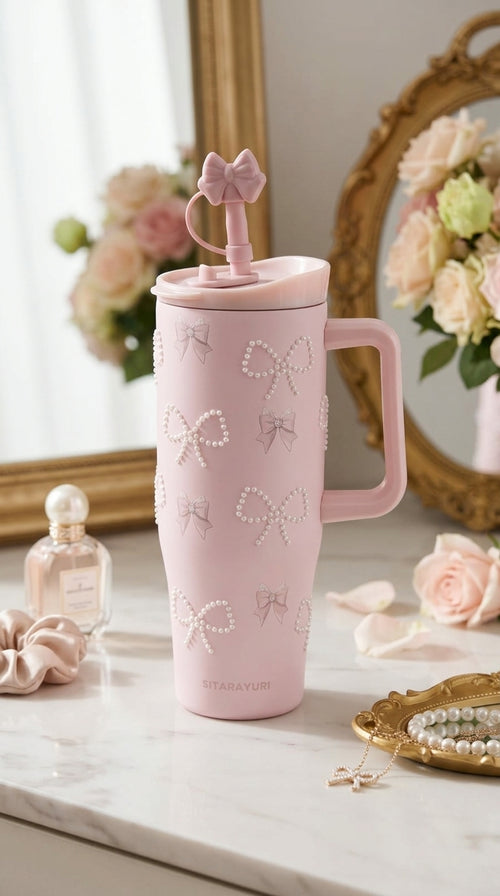Blush Bow Pearl Tumbler with Straw & Handle | 1200ml