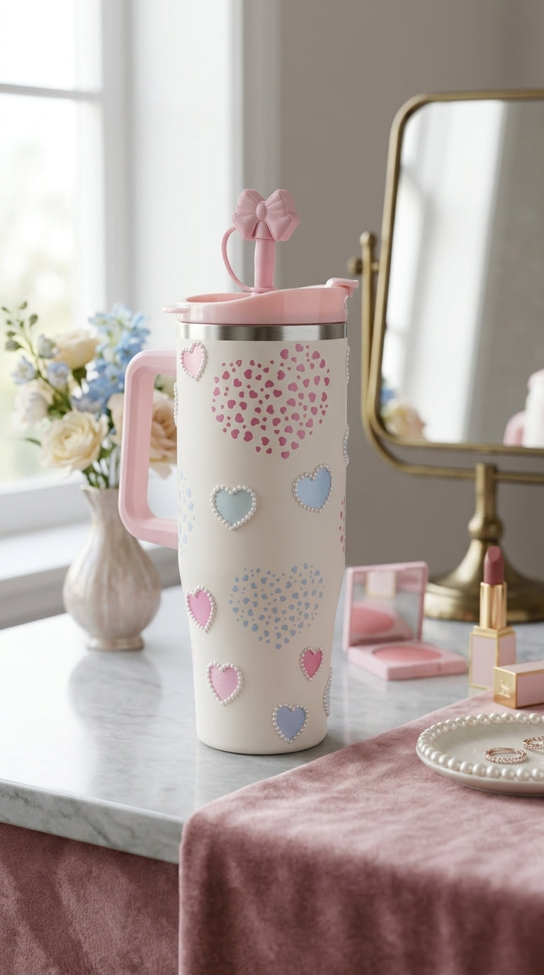 White Pearl Heart Insulated Tumbler with Straw & Handle | 1200ml