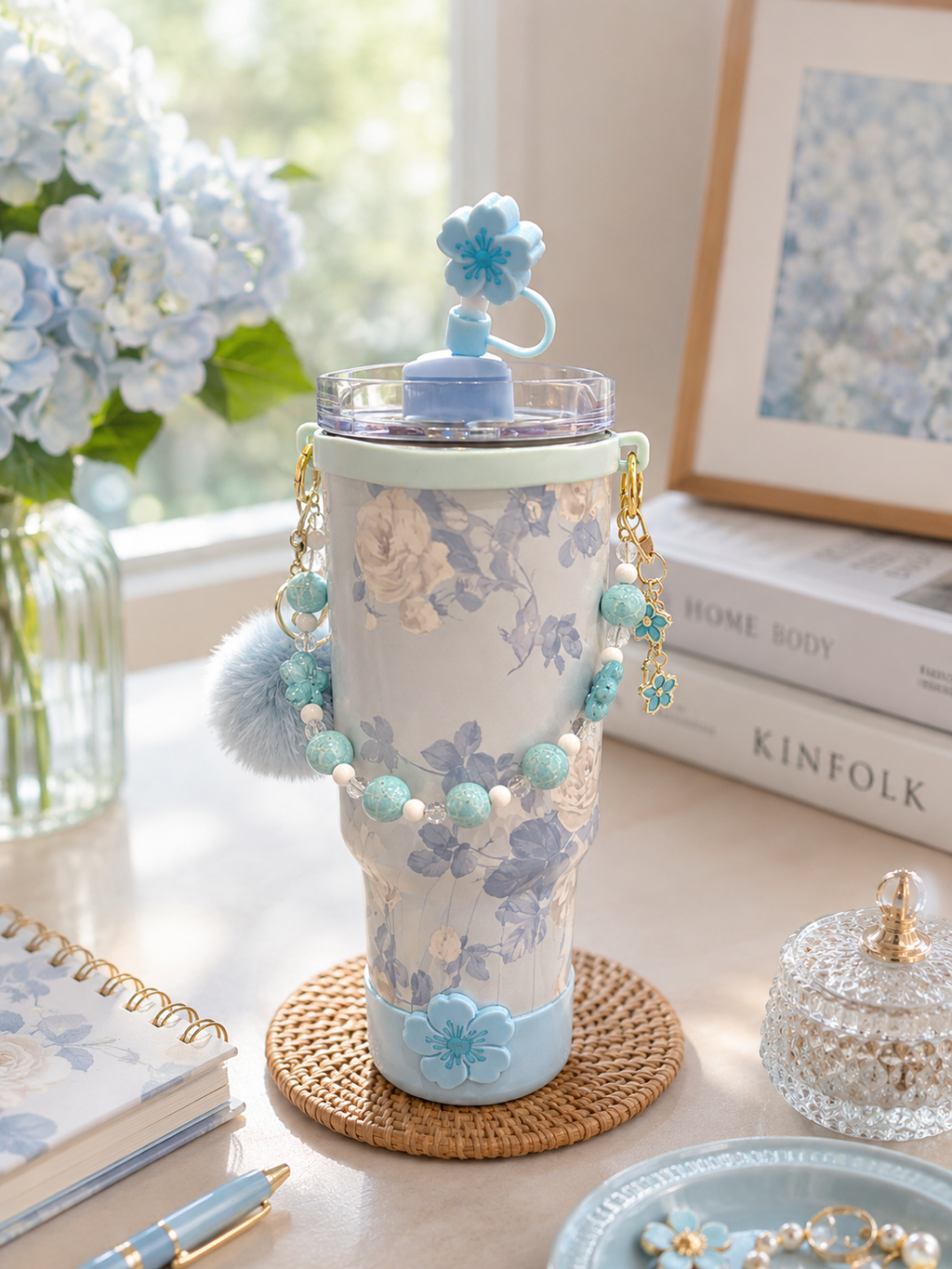 Floral Charm Insulated Tumbler with Straw & Pearl Handle | 1200ml
