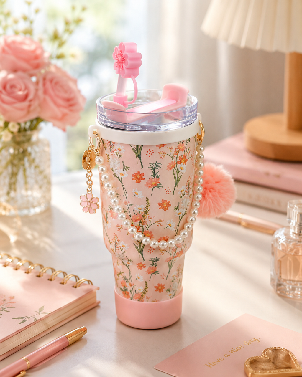 Floral Charm Insulated Tumbler with Straw & Pearl Handle | 1200ml