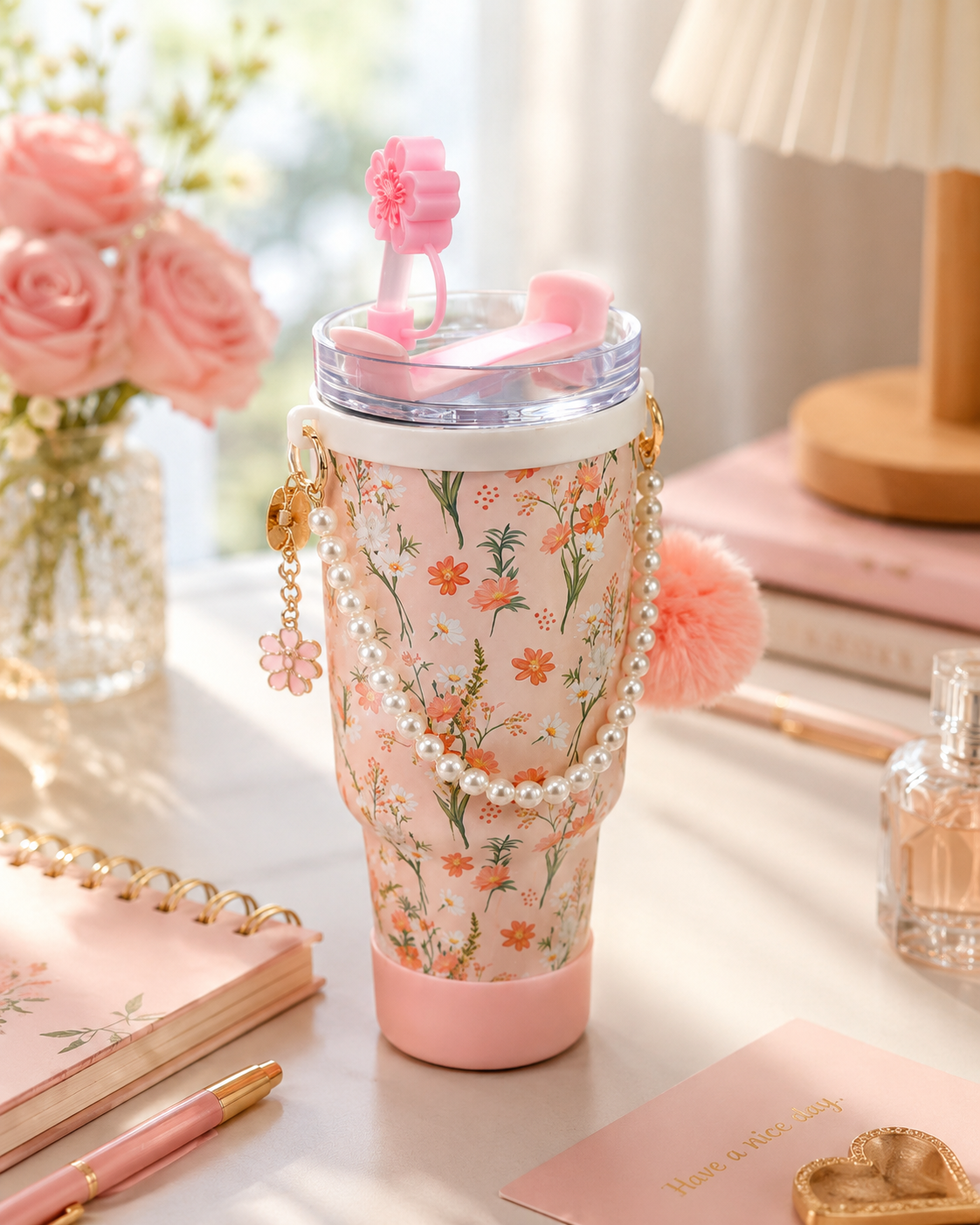 Floral Charm Insulated Tumbler with Straw & Pearl Handle | 1200ml