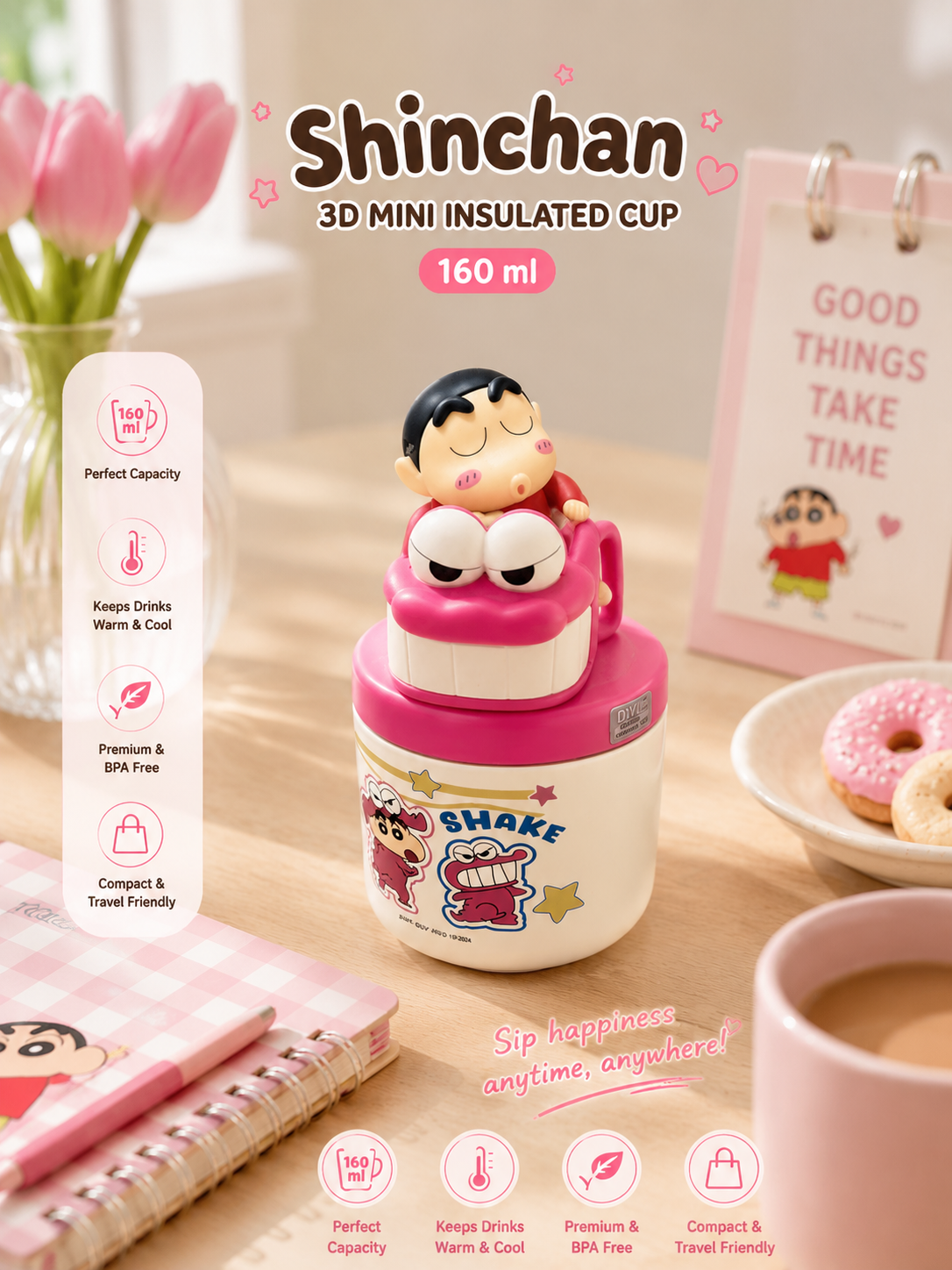 Shinchan 3D Mini Insulated Cup – Pink Edition | 160ml