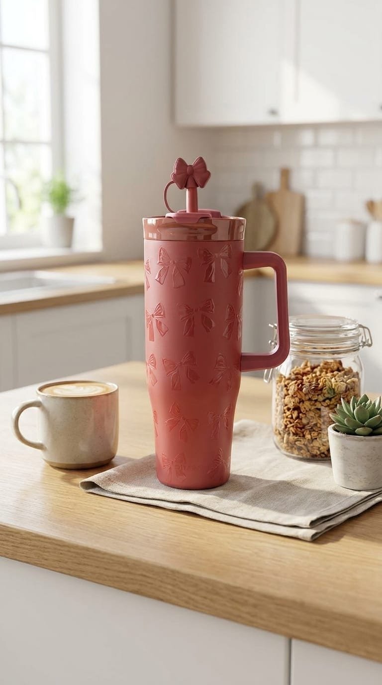 Bow Bliss Insulated Tumbler with Handle – Pink, Beige & Maroon | 1200ml