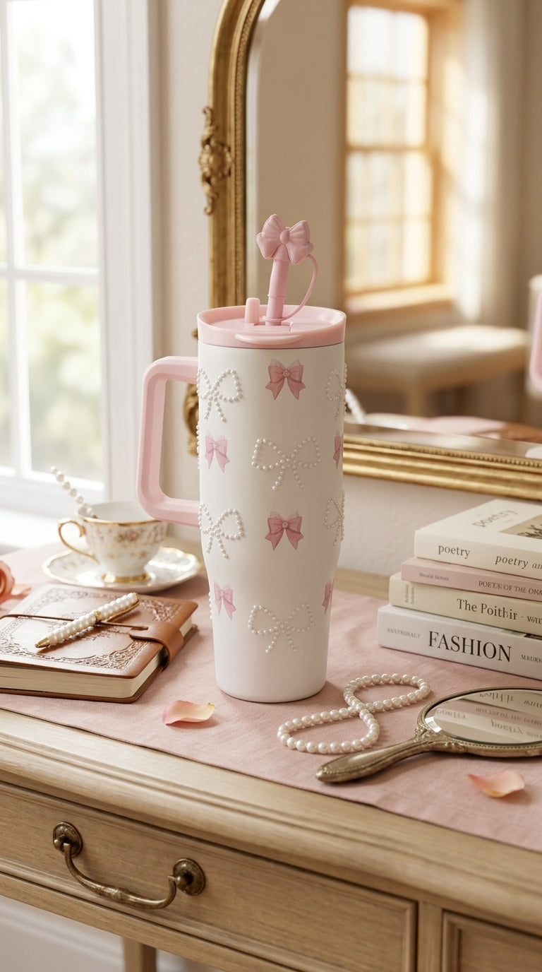 White Pearl Bow Insulated Tumbler with Straw & Handle | 1200ml