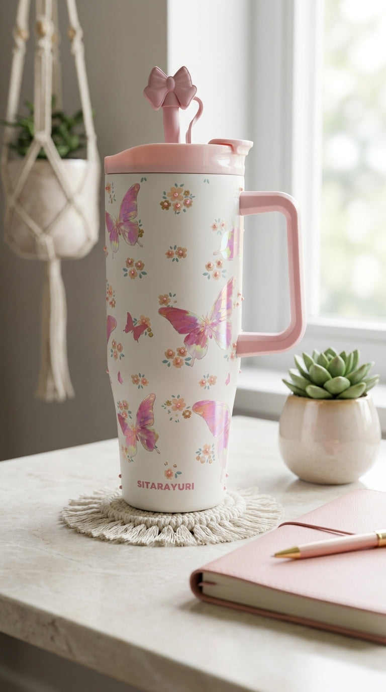 Floral Butterfly Print Insulated Tumbler with Straw & Handle | 1200ml