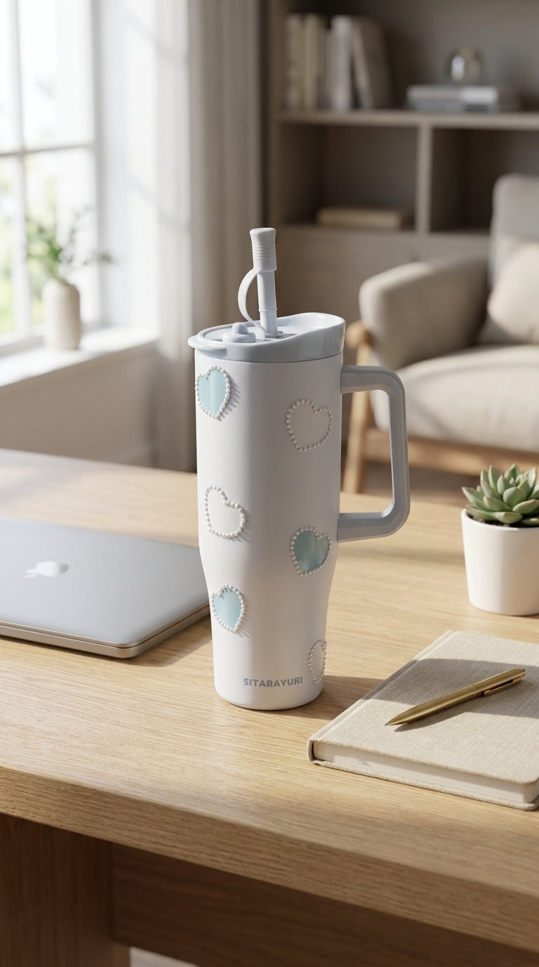 Sitarayuri Heart Pearl Tumbler with Straw | White & Blue | 1200ml