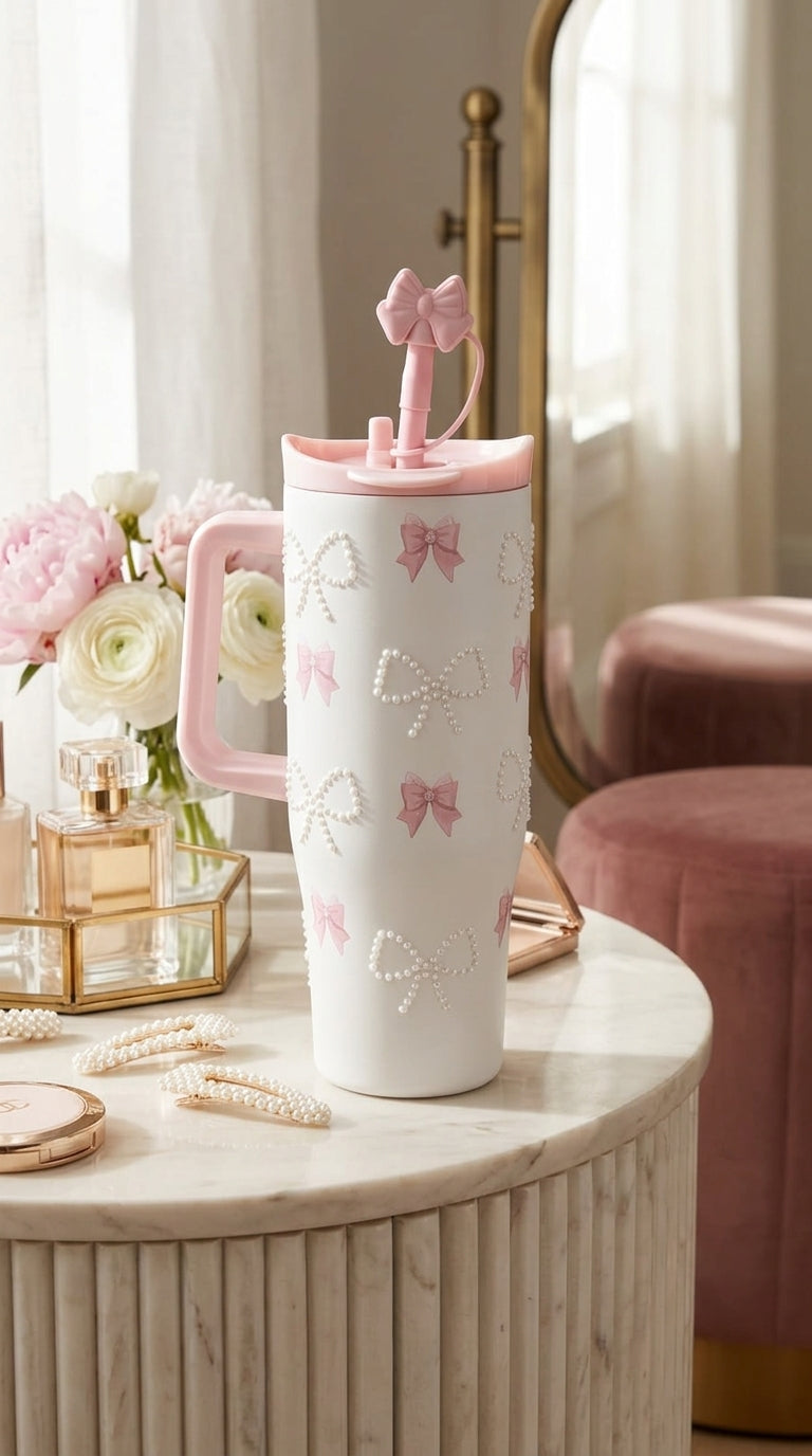 White Pearl Bow Insulated Tumbler with Straw & Handle | 1200ml