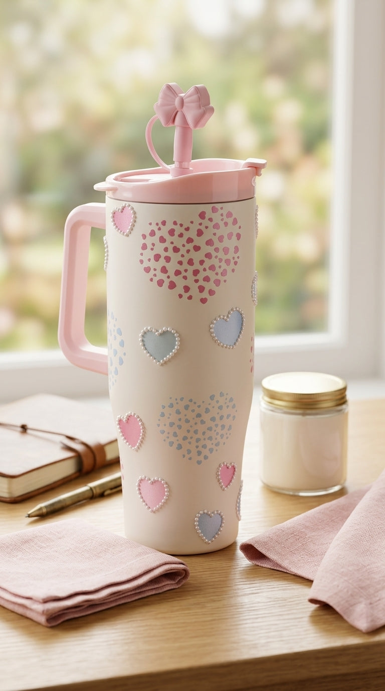 White Pearl Heart Insulated Tumbler with Straw & Handle | 1200ml