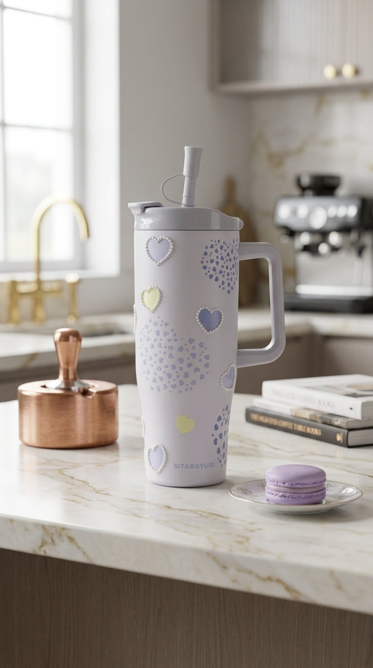 Sky Blue Pearl Heart Insulated Tumbler with Straw & Handle | 1200ml