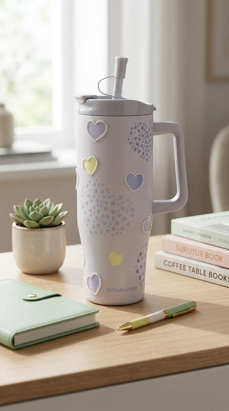 Sky Blue Pearl Heart Insulated Tumbler with Straw & Handle | 1200ml