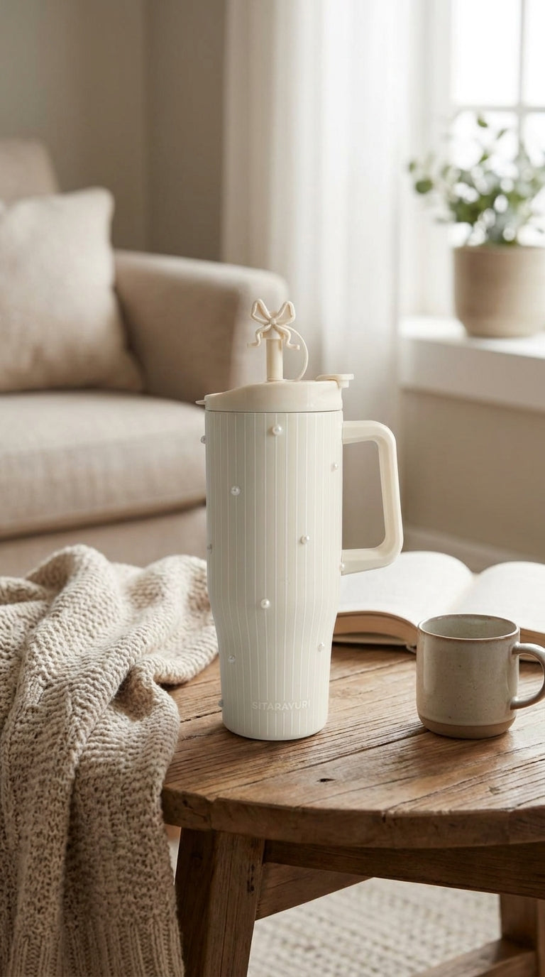 Bow Charm Insulated Tumbler with Handle – Pink, Off White & Green | 1200ml