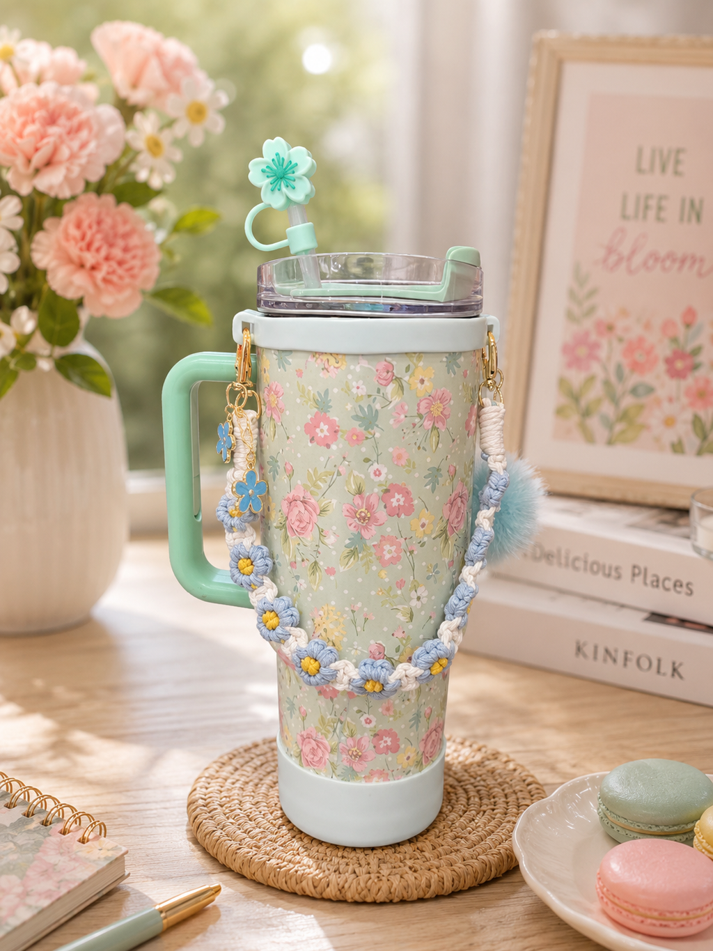 Floral Charm Insulated Tumbler with Straw & Pearl Handle | 1200ml