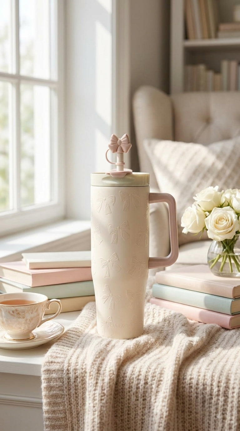 Bow Bliss Insulated Tumbler with Handle – Pink, Beige & Maroon | 1200ml