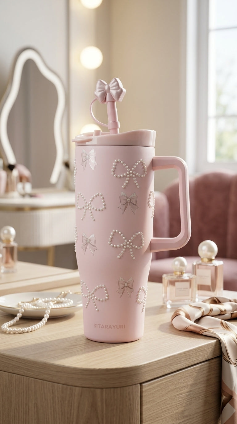 Blush Bow Pearl Tumbler with Straw & Handle | 1200ml