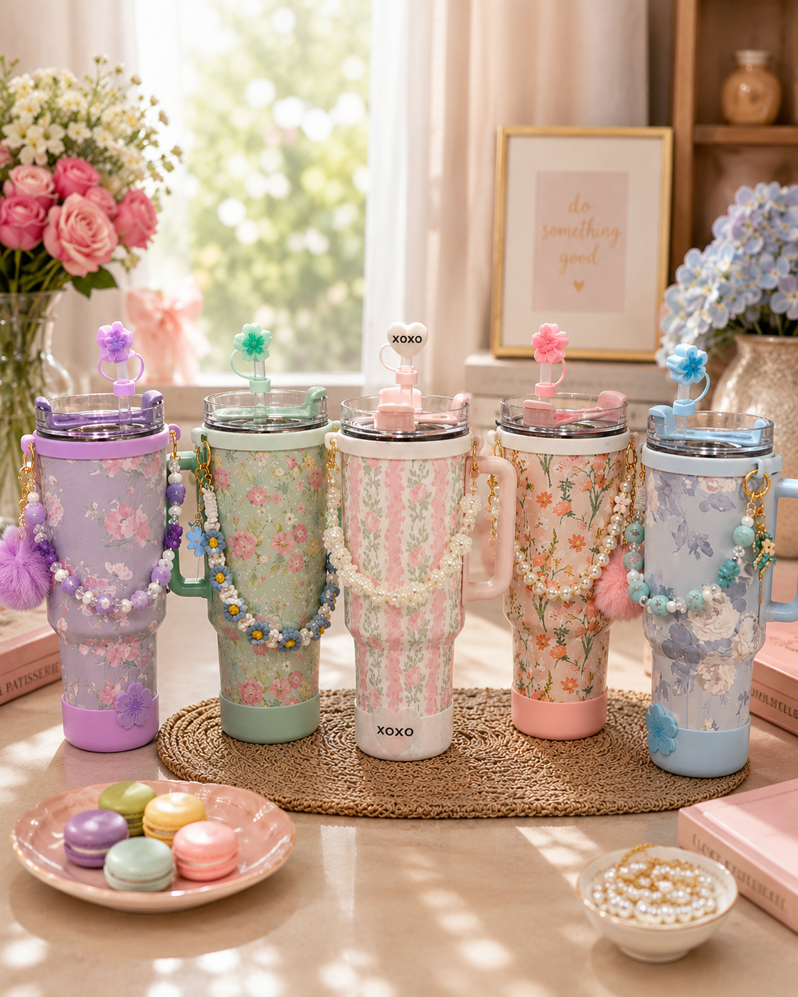 Floral Charm Insulated Tumbler with Straw & Pearl Handle | 1200ml