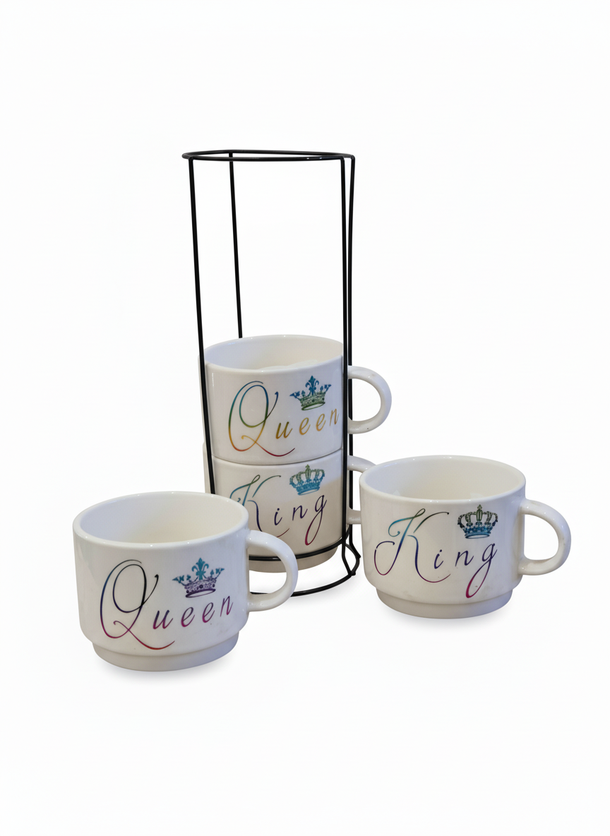 White King & Queen Ceramic Cups with Black Metal Stand – 120 ml Coffee Set