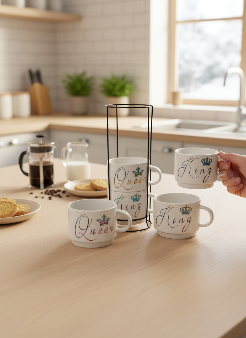 White King & Queen Ceramic Cups with Black Metal Stand – 120 ml Coffee Set