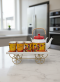 Yellow Folk Art Tea Kettle with Kulhad Cups – Handcrafted Ceramic Tea Set with Metal Trolley Stand