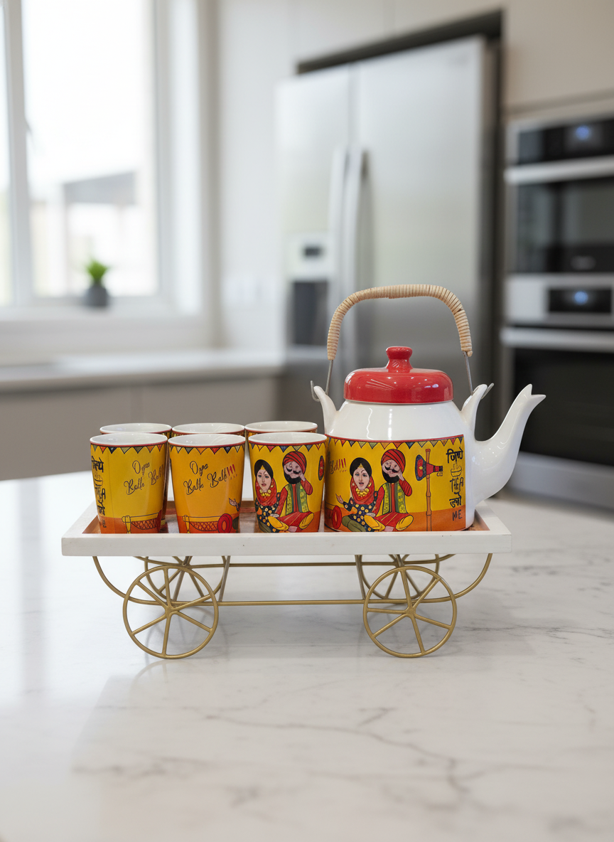 Yellow Folk Art Tea Kettle with Kulhad Cups – Handcrafted Ceramic Tea Set with Metal Trolley Stand