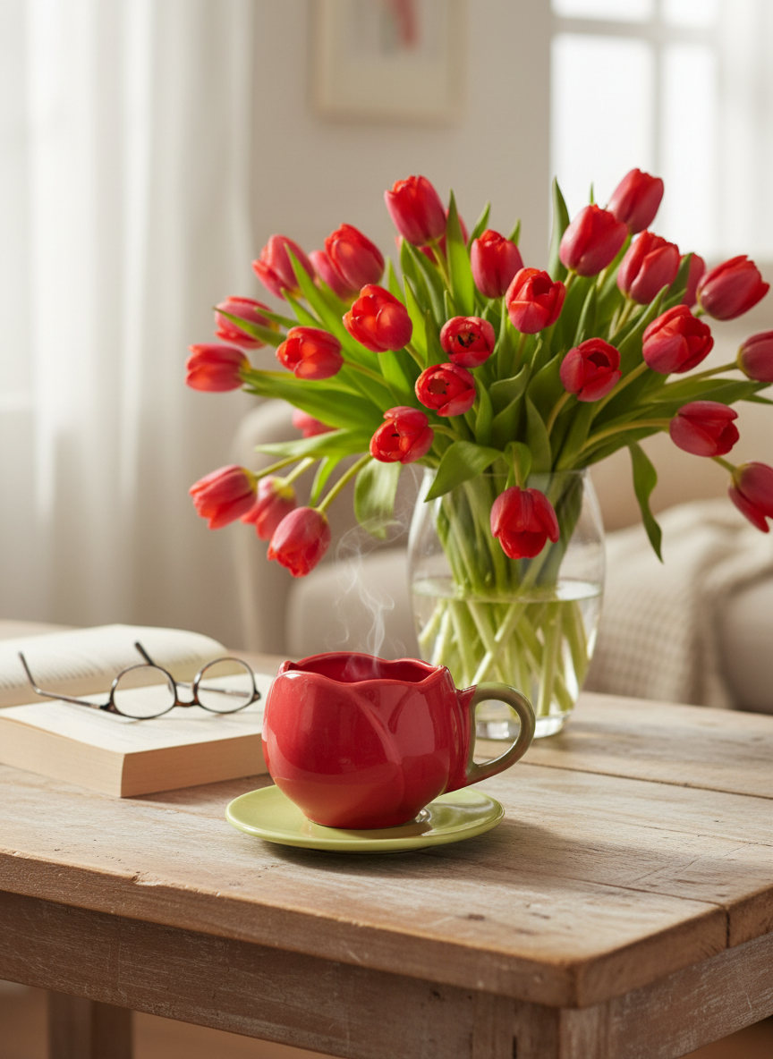 Red Ceramic Tea Cup with Green Saucer – Decorative Contrast Design
