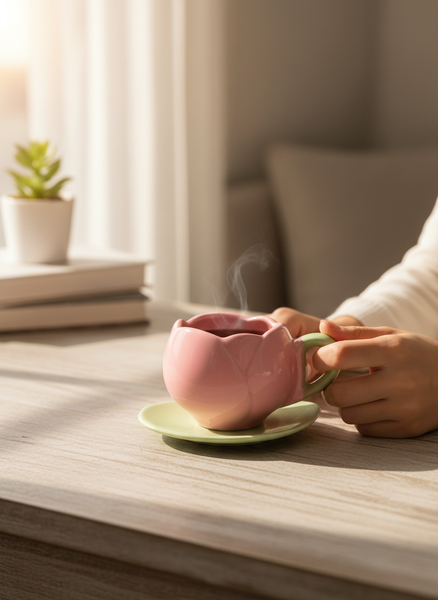 Pink Ceramic Tea Cup and Saucer Set
