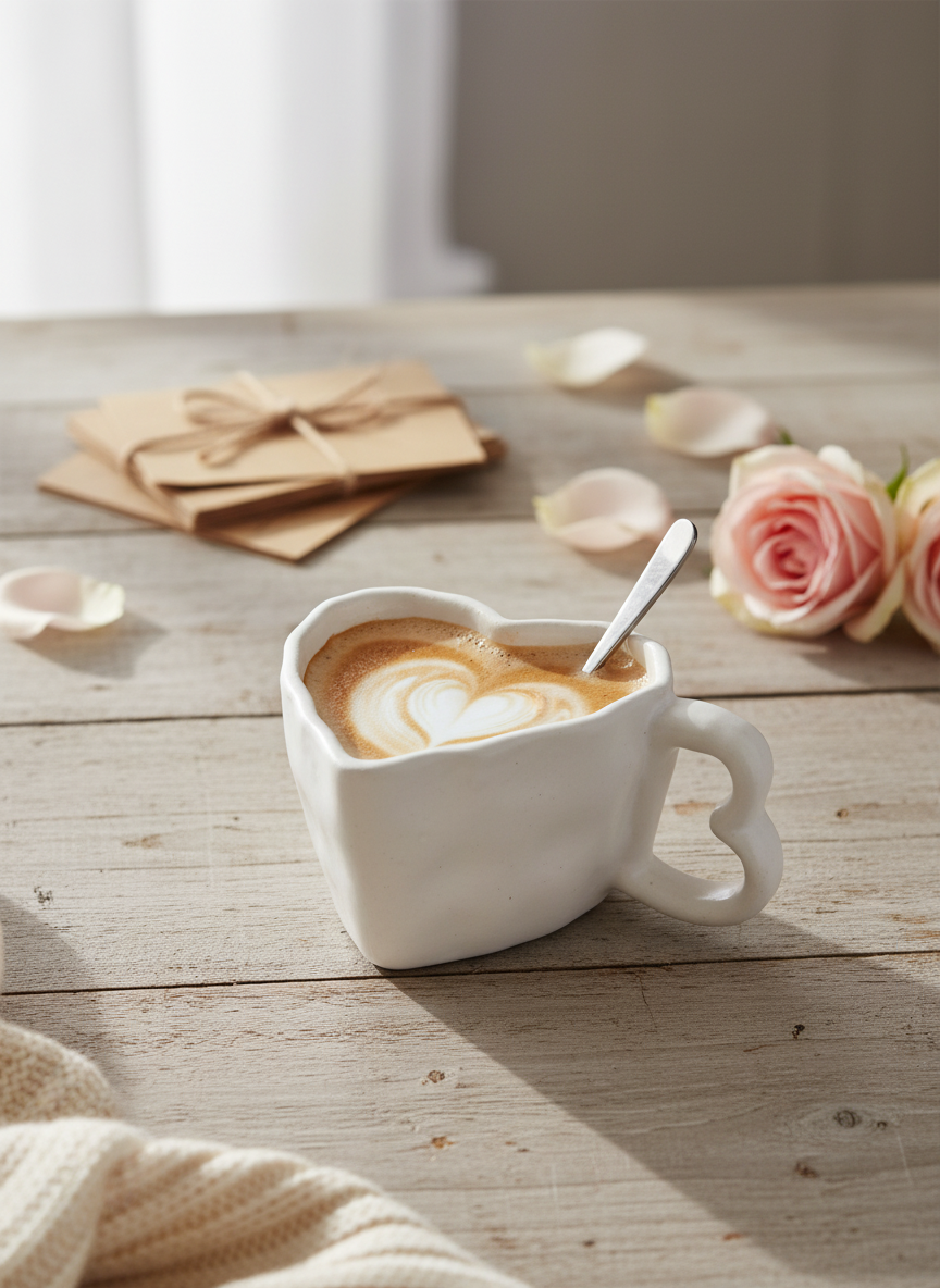 White Heart-Shaped Ceramic Mug – Artisanal Coffee & Tea Cup