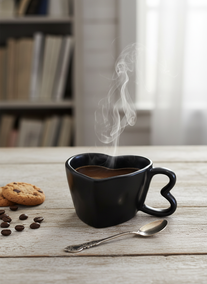 Black Heart-Shaped Ceramic Mug – Artisanal Coffee & Tea Cup