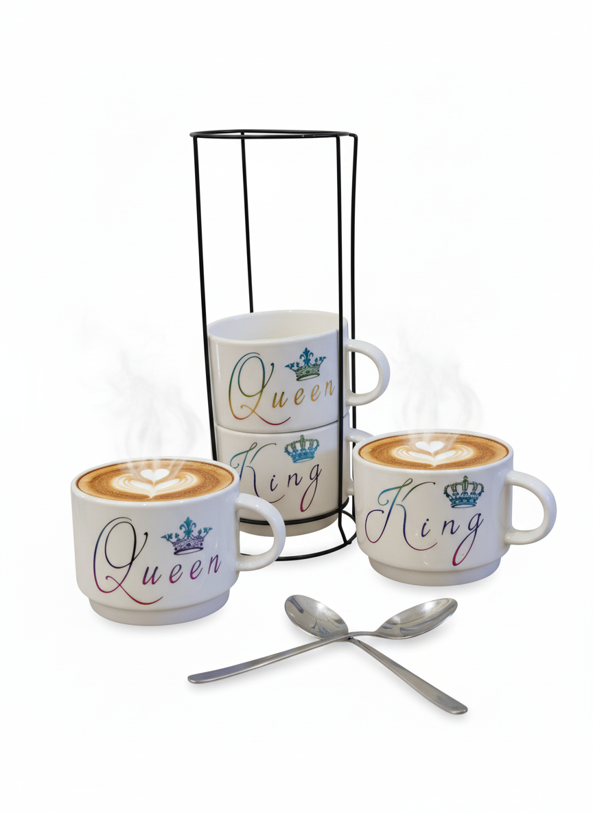 White King & Queen Ceramic Cups with Black Metal Stand – 120 ml Coffee Set