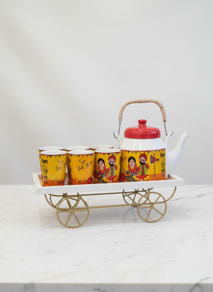 Yellow Folk Art Tea Kettle with Kulhad Cups – Handcrafted Ceramic Tea Set with Metal Trolley Stand