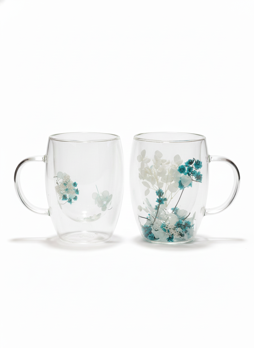 Double Wall Borosilicate Glass Mugs with Dried Flower Design – Set of 2