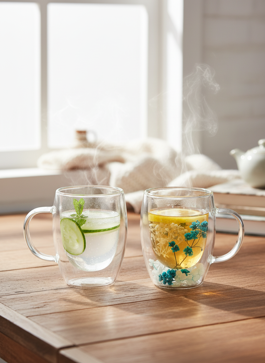 Double Wall Borosilicate Glass Mugs with Dried Flower Design – Set of 2