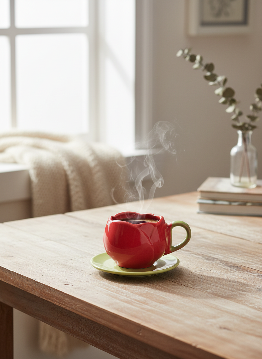 Red Ceramic Tea Cup with Green Saucer – Decorative Contrast Design