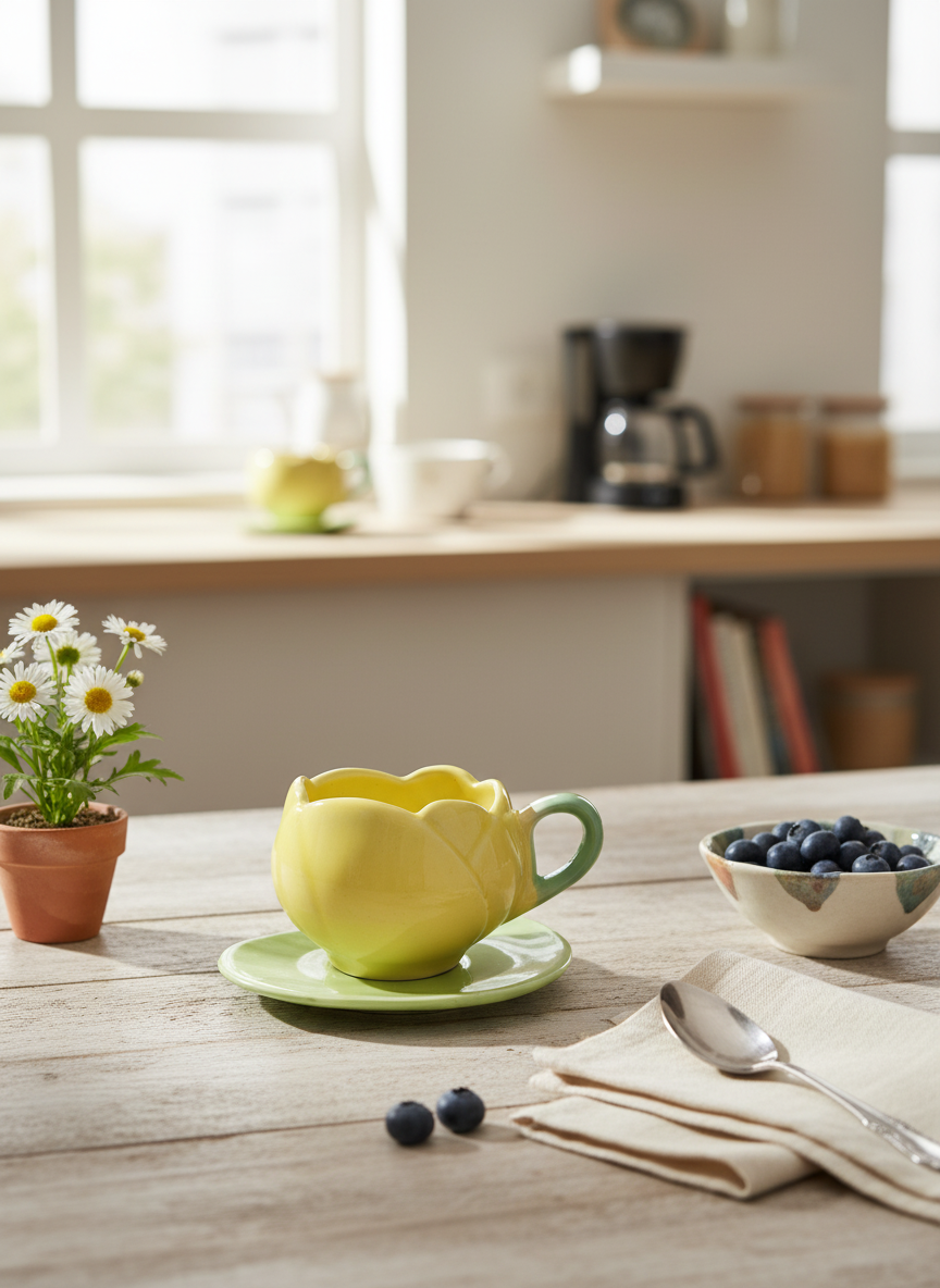 Yellow Cap Ceramic Tea Cup and Saucer Set
