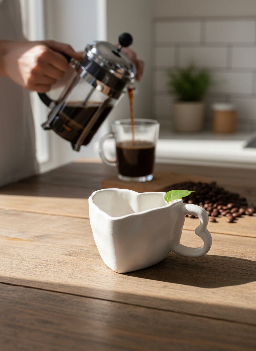White Heart-Shaped Ceramic Mug – Artisanal Coffee & Tea Cup