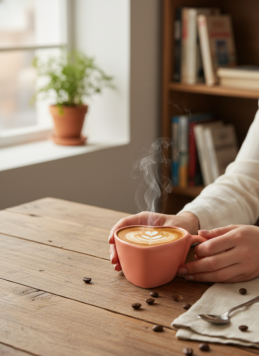 White Ceramic Mug with Pink Heart Design – Heart-Shaped Artisanal Coffee & Tea Cup